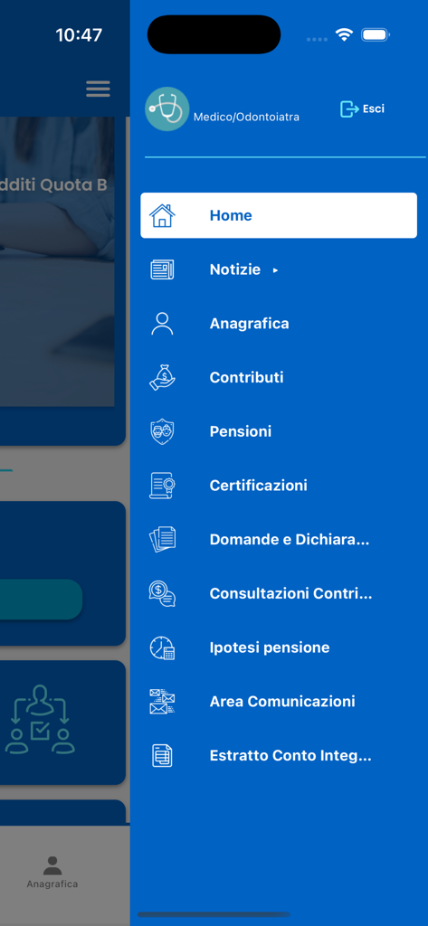 Menu de navigation latéral de l'application ENPAM Iscritti montrant les services financiers et de retraite pour les médecins.