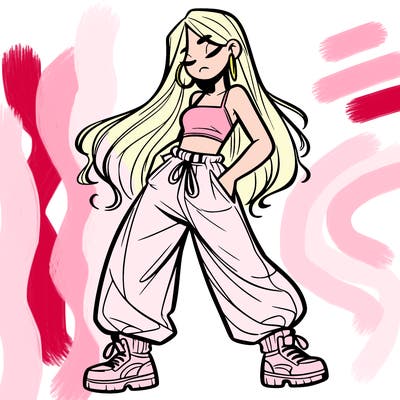 girl in baggy pants crop top and long hair
