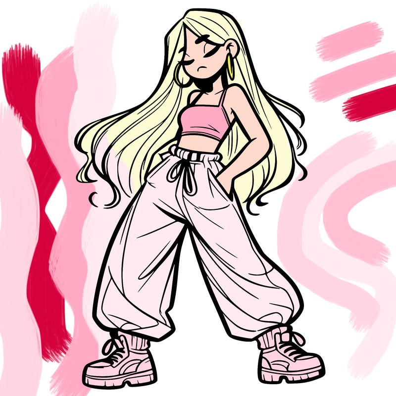girl in baggy pants crop top and long hair