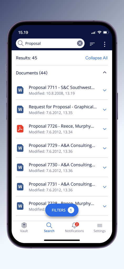 M-Files - M-Files mobile app search interface displaying a list of proposal documents with Word and PDF icons.