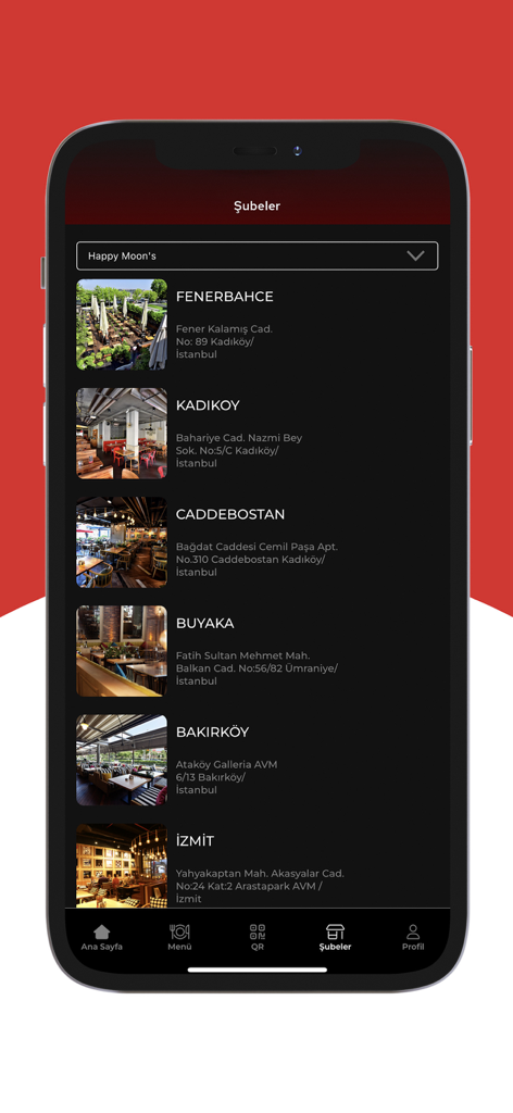 Happy Group - Happy Group app screen showing a list of Happy Moon's restaurant locations with addresses and photos