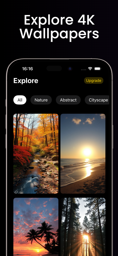 Art AI: Wallpaper Generator - Una interfaz de aplicación móvil que muestra una galería de fondos de pantalla 4K de la naturaleza que incluyen escenas de atardeceres en bosques y árboles de otoño