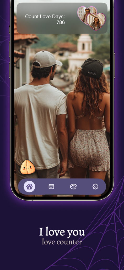 Relationship counter — My love - 스마트폰 화면에 DuoDays 기념일 카운터 앱 표시, 커플의 맞춤 사진과 786일이라는 기념일 표시