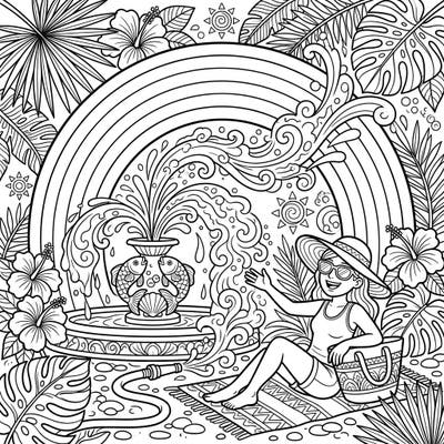 Experience the ultimate summer escape with this delightful coloring page featuring cheerful rainbow sprays and a relaxing tropical scene. Unleash your creativity as you bring vibrant life to a sun-kissed vacation.