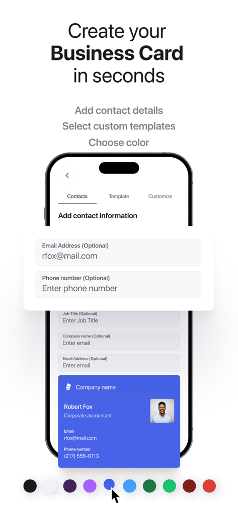 Interface of the bCard app showing how to add contact details and select colors to create a digital business card