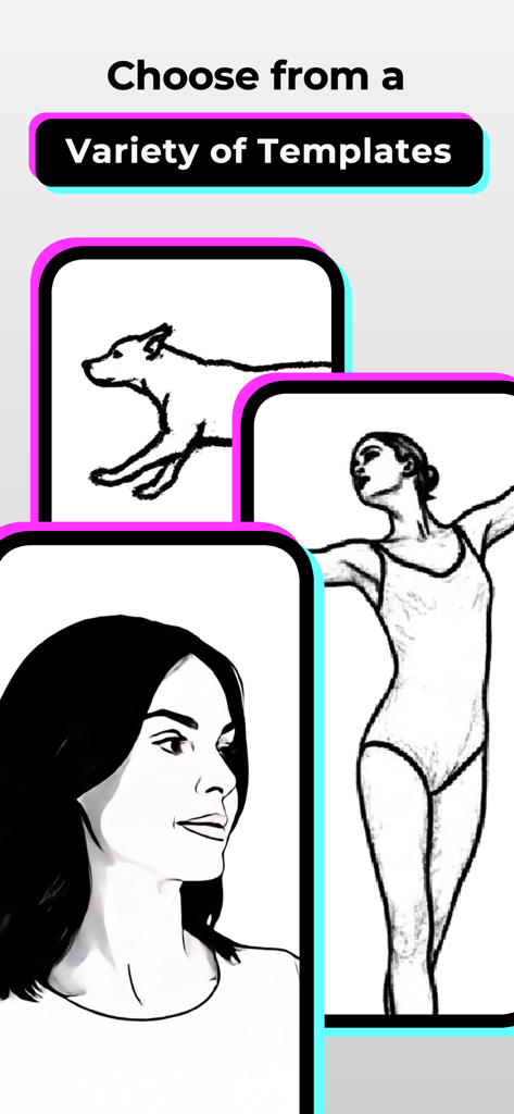 Screen showing various drawing templates in AR Video Trace including a dog, a ballerina, and a portrait.