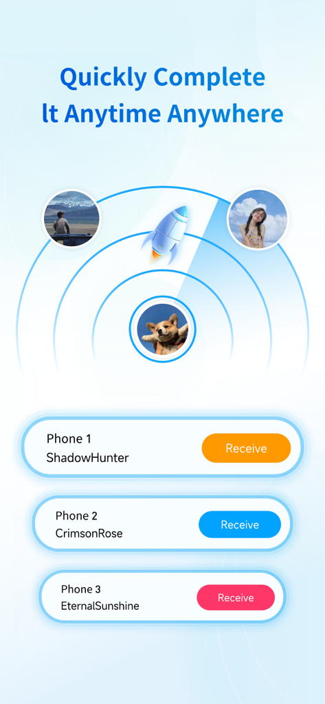 Smart Switch app interface showing available devices for data migration with a rocket icon and receive buttons.