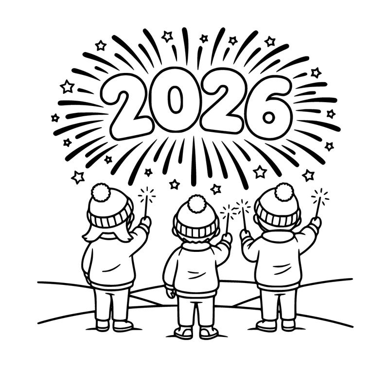 2026 with fireworks kids holding sparklers bobbles hats