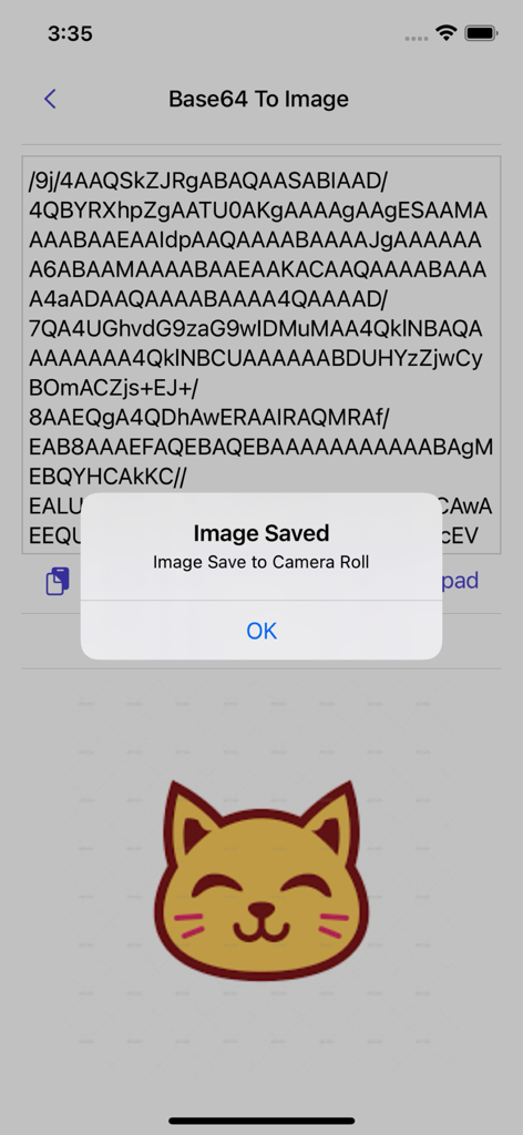 Image to Base64 Plus - Screenshot of a mobile app showing a successful conversion from a Base64 string to a cat icon with a confirmation alert