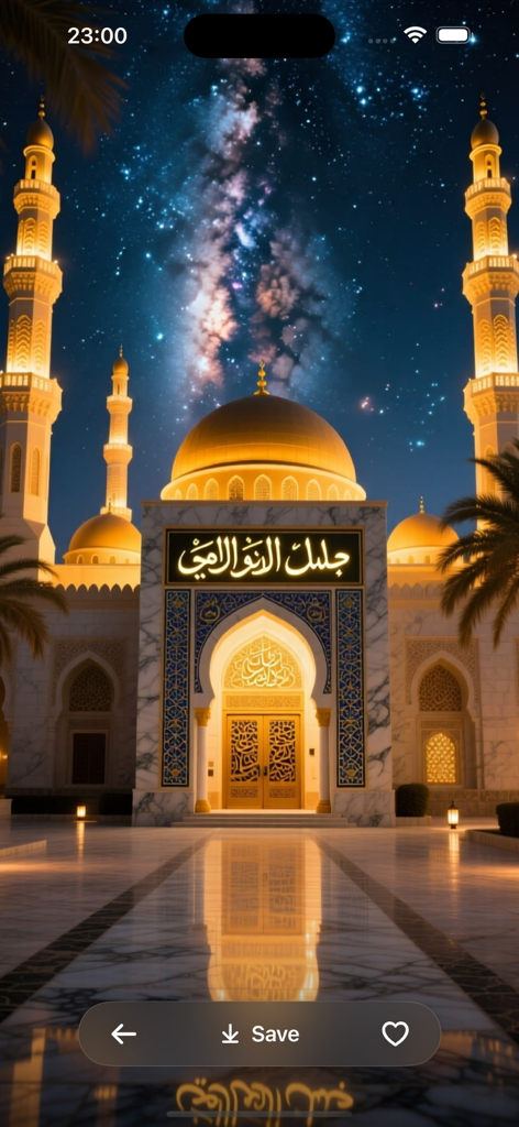 Beautiful illuminated mosque under a starry night sky Islamic wallpaper theme
