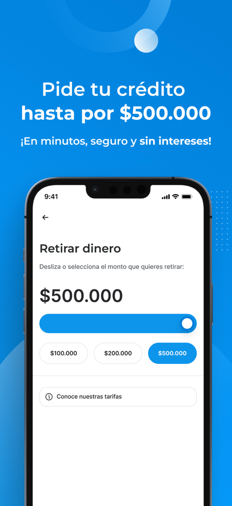 Interface of the Monet app showing a screen to withdraw an interest free credit up to 500000 COP