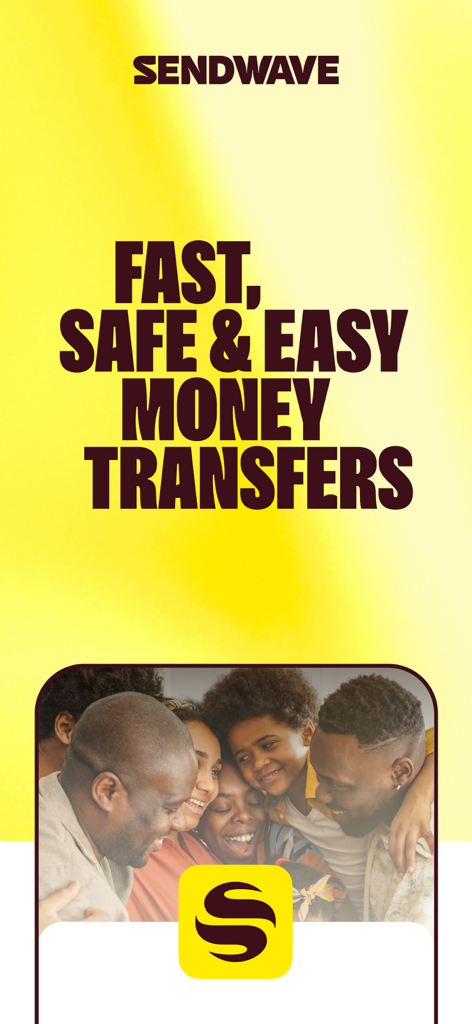 Sendwave Send & Transfer Money - Pantalla de la aplicación Sendwave promocionando transferencias de dinero rápidas, seguras y fáciles con un grupo familiar sonriente