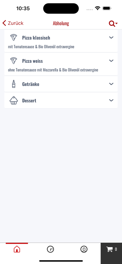 Mobile app menu showing pizza and drink categories for pickup ordering