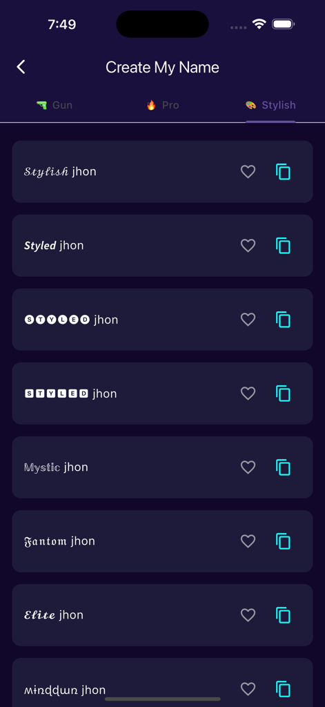 Name Generator For Games - Interface showing stylish and pro gaming name options with unique fonts and copy buttons