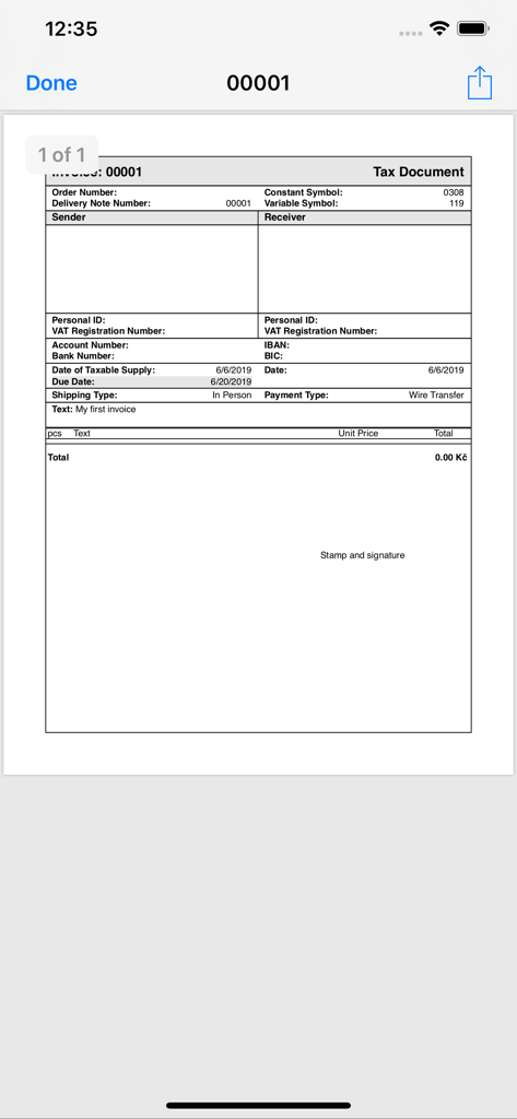 A professional tax document and invoice template preview within the UctoX 2 mobile app.