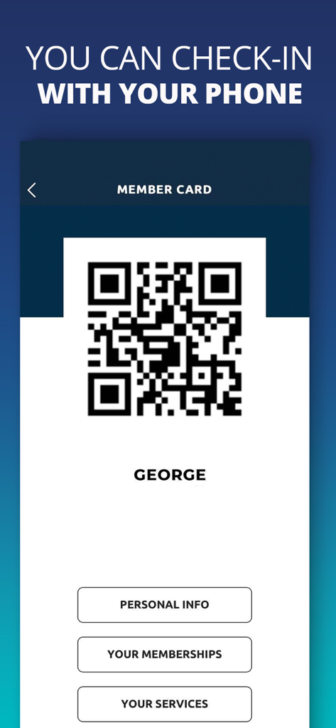 Digital gym membership card with QR code for phone check-in