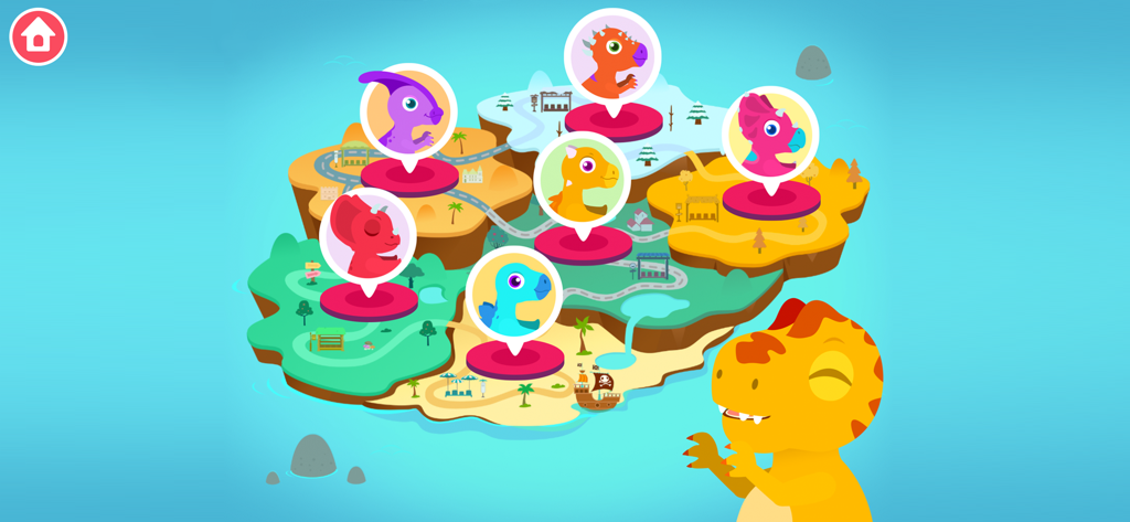 Dinosaur Bus: Kids Car Games - A colorful world map with various dinosaur character icons showing different game levels on islands.