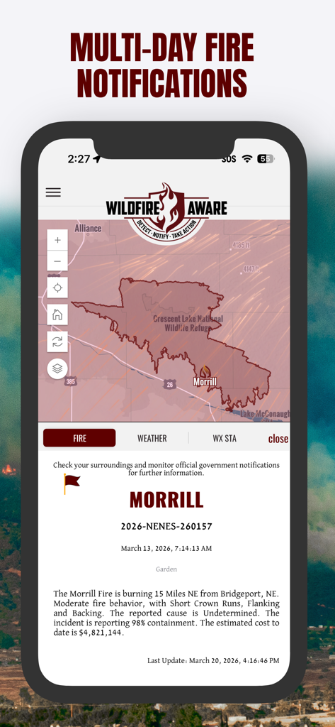 Wildfire Aware® | Fire Alerts - Wildfire Aware app interface displaying a wildfire perimeter map and detailed incident status for the Morrill fire