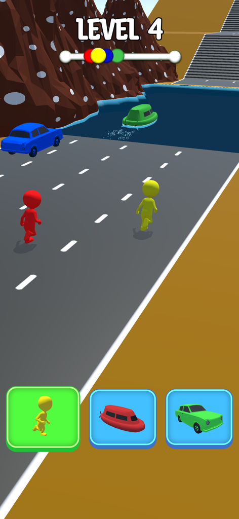 Car Shape Funny Transform Race - Tela de jogo móvel mostrando um personagem correndo em direção à água com botões de transformação para alternar entre um corredor, barco e carro