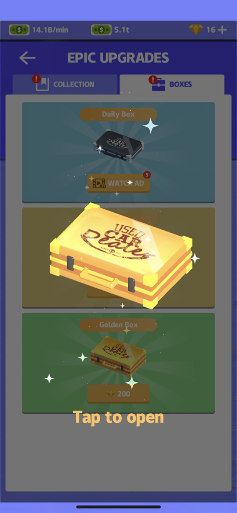 Used Cars Dealer Tycoon epic upgrades screen featuring daily and golden reward boxes for the player to open.