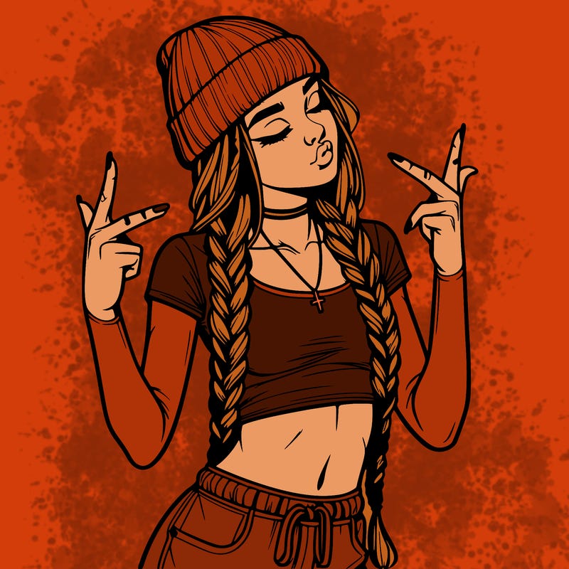 realistic teenage girl with braids and a beanie and crop top doing 🫶🏼