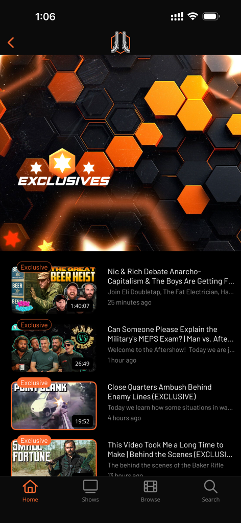 Pepperbox TV - Pepperbox TV mobile app interface showing the home screen with a list of exclusive video content and shows.