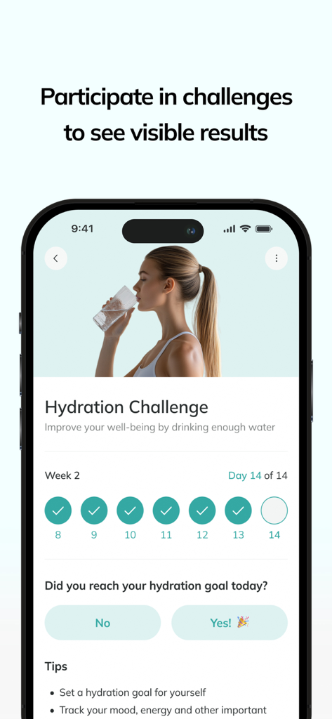 no.Diet - L'interface de l'application no.Diet montrant un écran de défi d'hydratation avec une femme buvant de l'eau et un suivi de progression de l'apport quotidien.