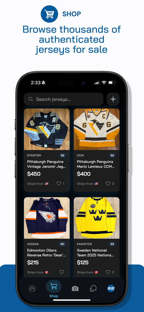 Mobile app interface showing authenticated hockey jerseys for sale with prices and brands like CCM and Adidas.