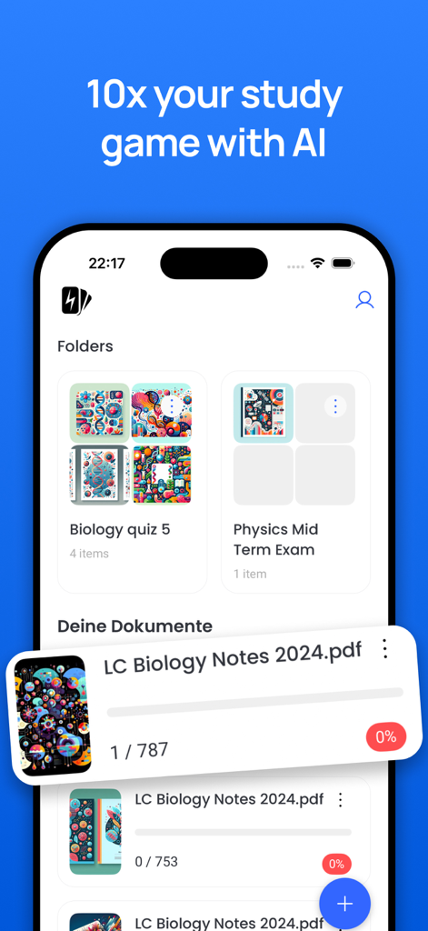 Hesse Cards - Hesse Cards app interface showing folders for biology and physics study materials and a list of PDF lecture notes being processed by AI