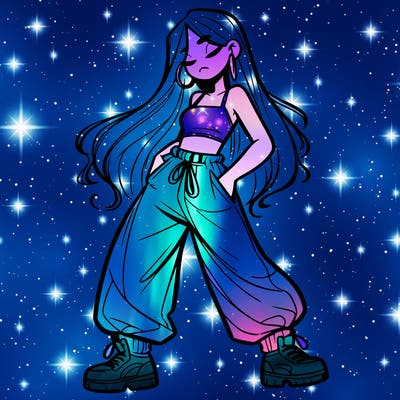 girl in baggy pants crop top and long hair