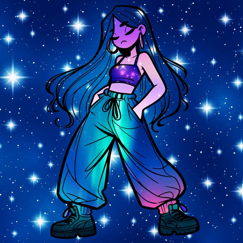 girl in baggy pants crop top and long hair