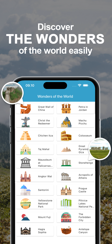 Live Earth Map & GPS Map - Mobile app interface displaying a list of famous global landmarks and tourist destinations like the Great Wall of China and Machu Picchu