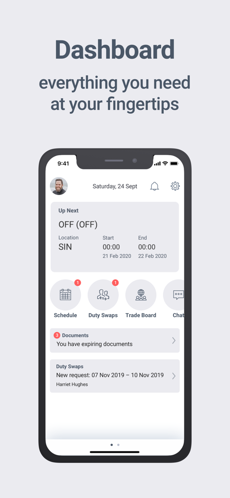 Crew Access Mobile - Dashboard of CAE Crew Access Mobile showing airline crew schedule duty swaps and trade board