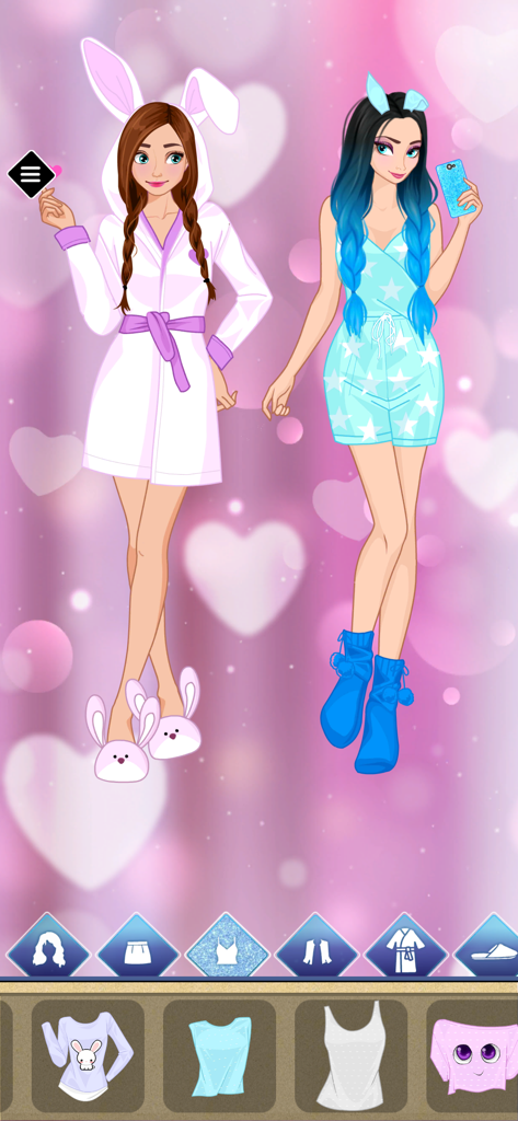 Sevelina BFF Dress Up Game - パジャマパーティーをテーマにしたドレスアップレベルで、キュートな寝間着とうさぎのスリッパを履いた二人の女の子