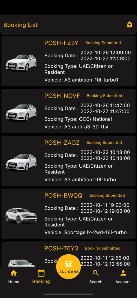 List of car rental bookings in the Posh Cars app interface