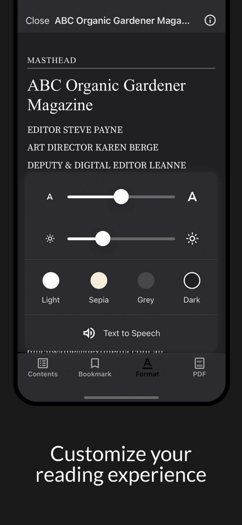 Organic Gardener Magazine - Organic Gardener Magazine app screen showing reading customization options like font size brightness themes and text to speech