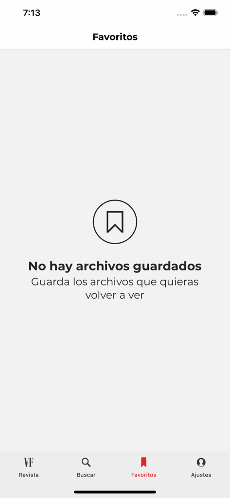 La pantalla de favoritos vacía de la aplicación móvil Vanity Fair España con un gran icono de marcador.