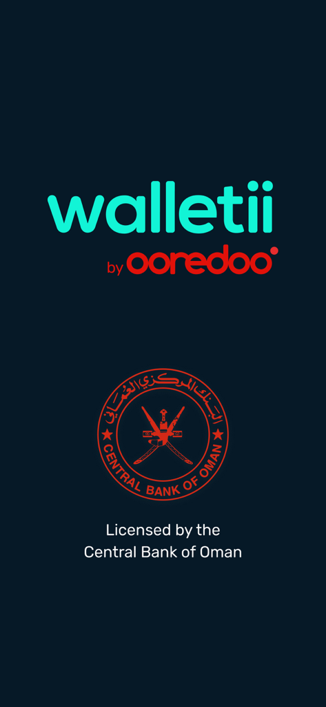 Walletii by Ooredoo splash screen showing the app logo and Central Bank of Oman license seal.