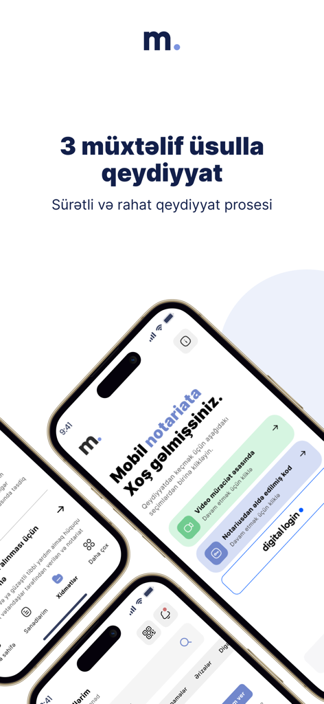 Registration screen of the Mobil Notariat app showing three different ways to sign up including video call and digital login