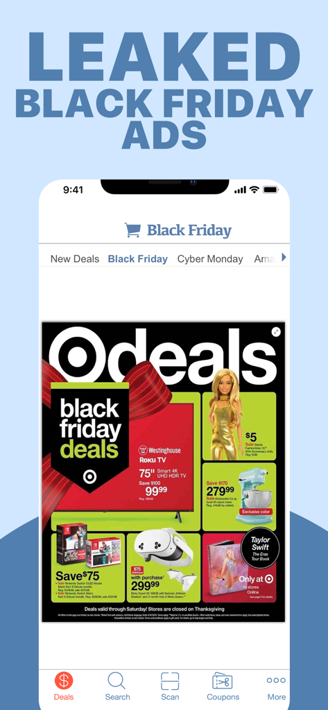 Ein Smartphone-Bildschirm mit der Black Friday App, der einen geleakten Target-Werbeprospekt mit verschiedenen Feiertagsangeboten zeigt