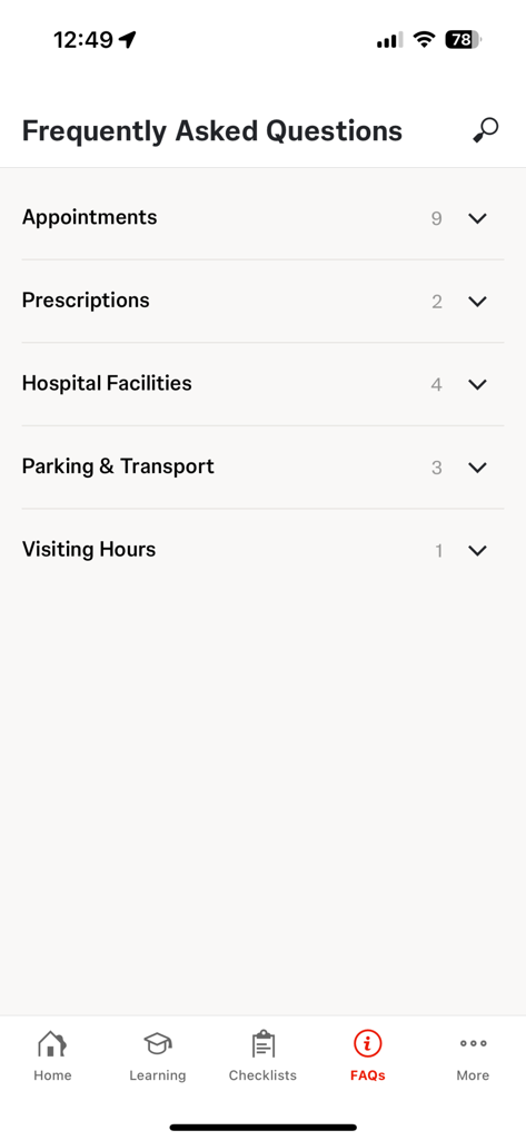 Care4Today® Education - Frequently Asked Questions screen of the Care4Today Education app showing categories for Appointments, Prescriptions, and Hospital Facilities