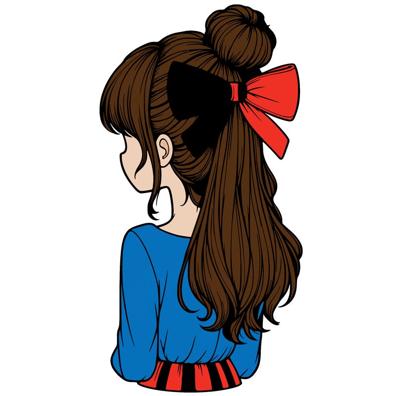 realistic girl  with hip length hair a bun and a big bow on the back of head