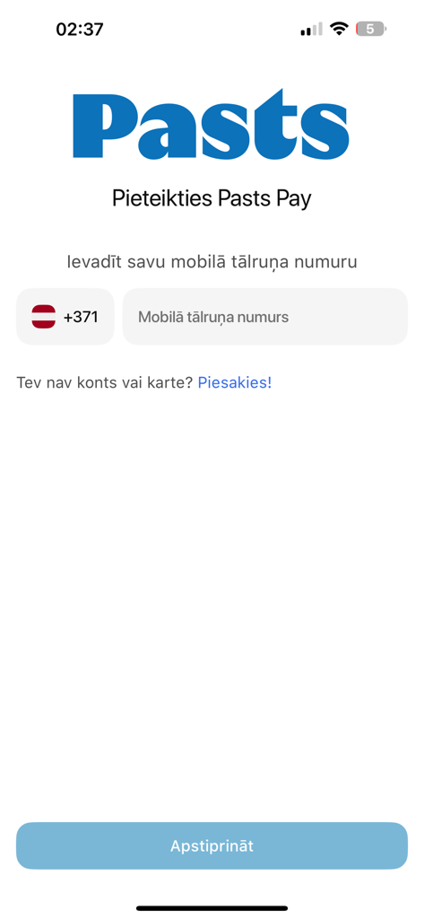 Pasts Pay - Login screen of the Pasts Pay mobile app featuring a phone number entry field with Latvian country code selection