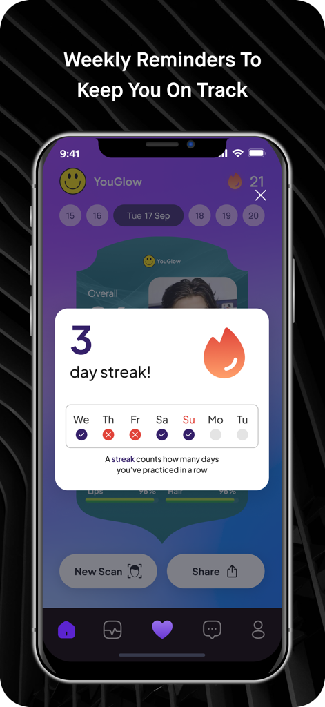 YouGlow: AI Glow-Up Coach - A mobile app screenshot showing a 3-day streak notification and weekly progress calendar on the YouGlow AI Glow-Up Coach interface.