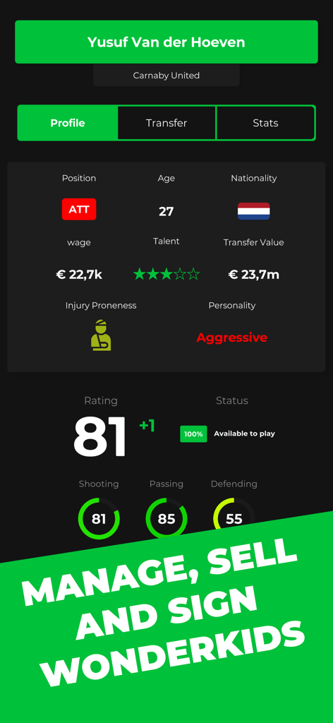 Club Boss - Football Game - A player profile screen in the Club Boss football management app showing attributes, market value, and tactical stats for a striker.