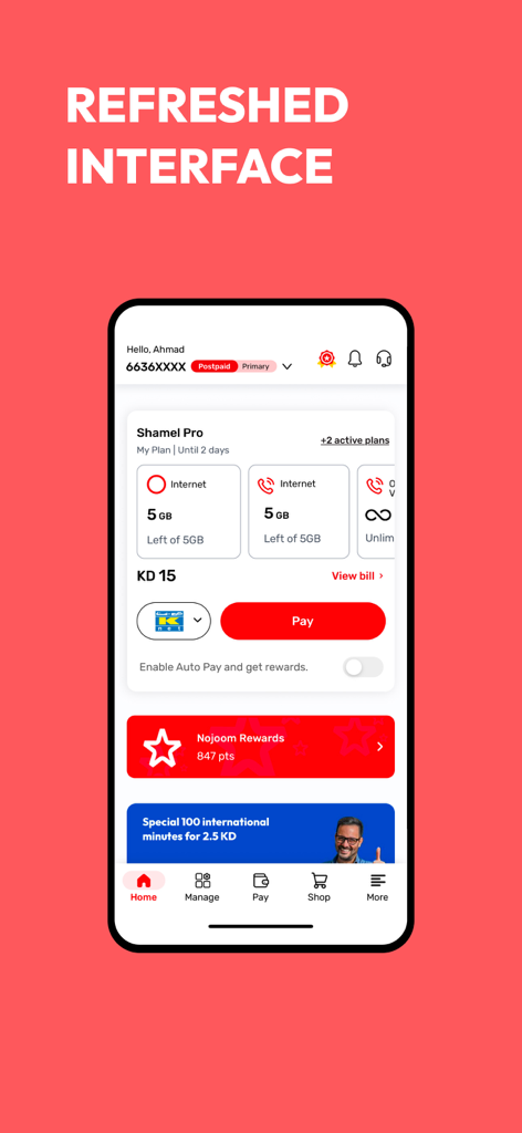 Panel de la aplicación Ooredoo Kuwait que muestra los detalles del plan Shamel Pro y el seguimiento del uso de datos