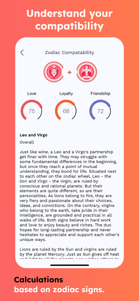 Pantalla de compatibilidad zodiacal en Psychic Txt que muestra puntuaciones de lealtad amorosa y amistad para los signos de Leo y Virgo.