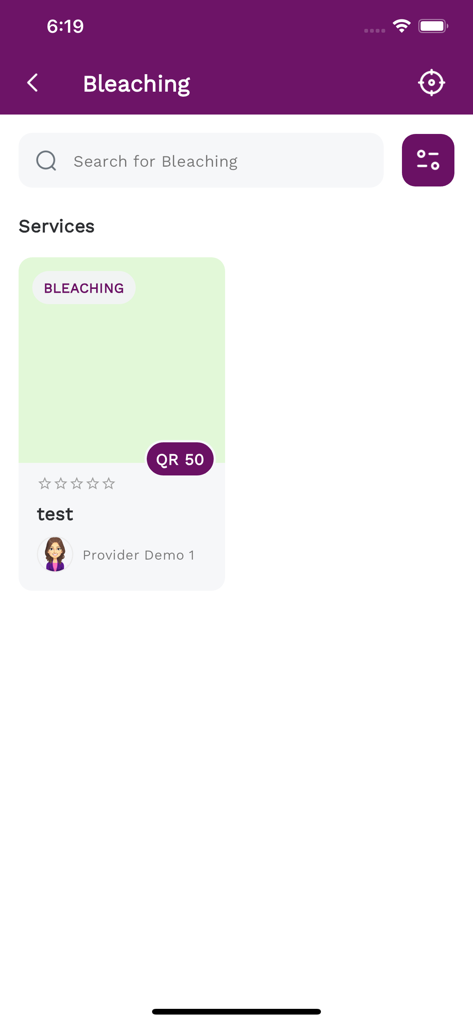 BB App - Beauty Booking Qatar - Pantalla de la aplicación móvil que muestra una búsqueda de servicios de depilación con una tarjeta de servicio y precio en Riyales Qataríes