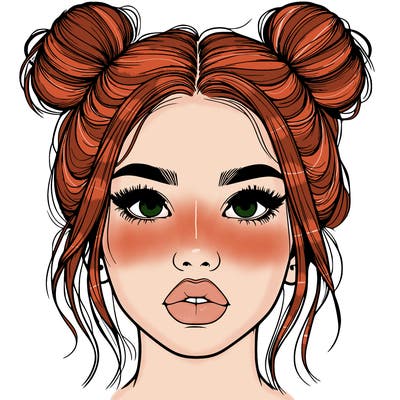 realistic girl with two buns on her hair and lips