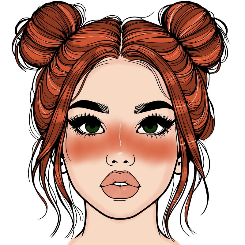 realistic girl with two buns on her hair and lips